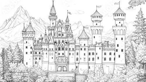 Fantasy castle coloring book page, royal palace outline drawing for children, medieval fortress illustration with towers and flags, fairytale kingdom sketch for preschool education