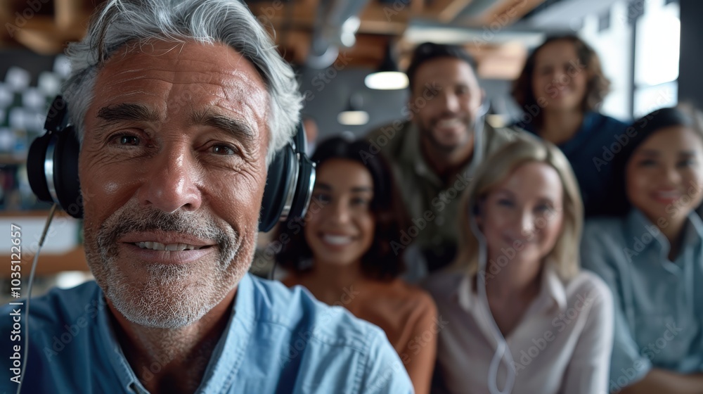 Team selfie in an office, showcasing diversity and joy with individuals from different backgrounds in a tech support environment Team selfie in an office, showcasing diversity and joy with individuals from different backgrounds in a tech support environment