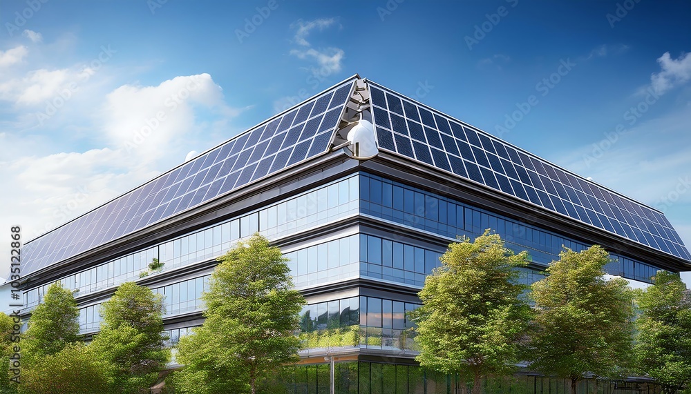 custom made wallpaper toronto digitalA modern building featuring solar panels and lush greenery, showcasing sustainable architecture under a clear blue sky.