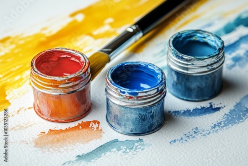 paint cans are sitting on a table next to a paintbrush photo