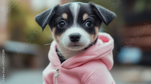  An adorable puppy in a pink hoodie, gazing intently at the camera against a blurred background