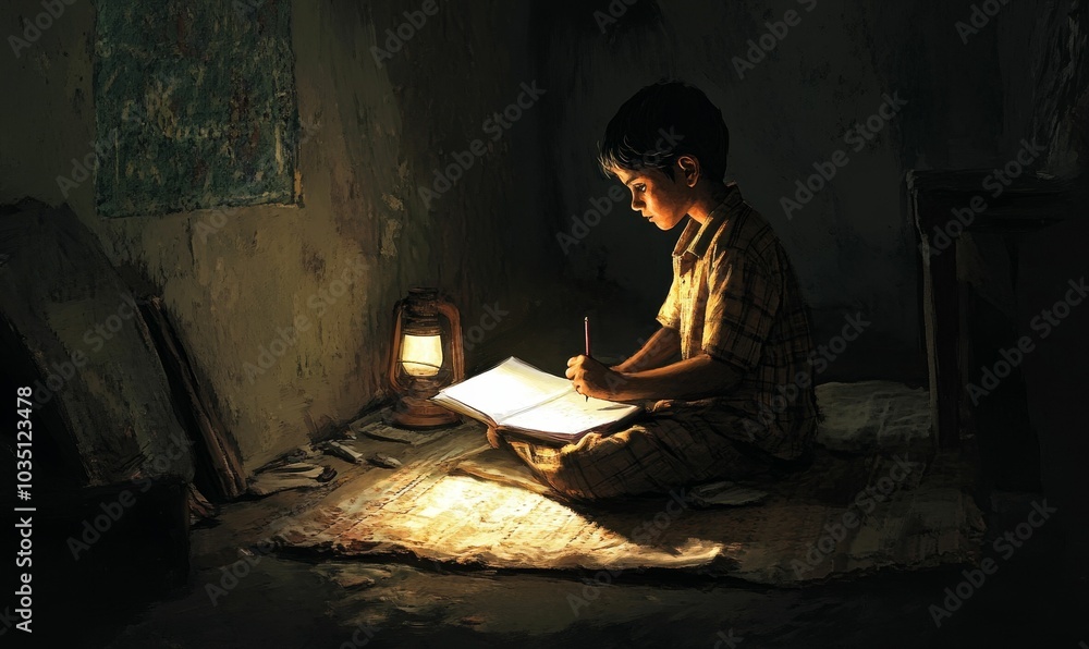 Boy studies by lantern light in dimly lit room. Boy studies by lantern light in dimly lit room.