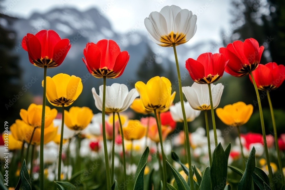 Fototapeta premium Vibrant red, yellow, and white tulips bloom in a field, with a mountain range in the background.