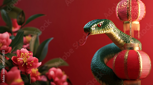 Chinese New Year concept. Snake and red lanterns. 3D Rendering