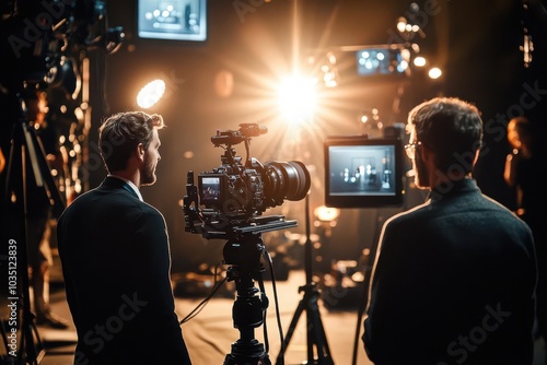 TV actors rehearsing lines on set, bright lighting illuminating the scene, ultrarealistic detail of cameras, crew, and creative focus