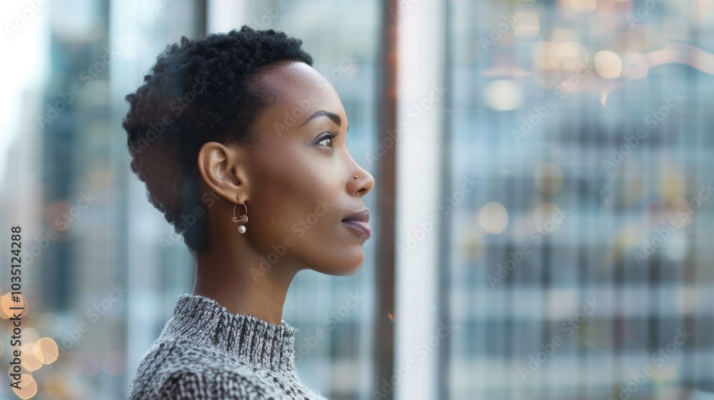 Focused businesswoman contemplating strategies while seated at her workspace, planning a marketing project with a serious and thoughtful demeanor Focused businesswoman contemplating strategies while seated at her workspace, planning a marketing project with a serious and thoughtful demeanor