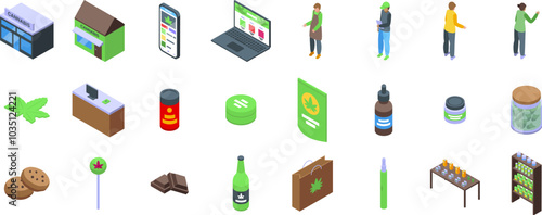 Cannabis store icons set. This isometric icons set illustrates the process of buying cannabis products in a physical store and on the internet