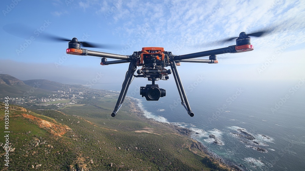 A drone hovers in the air, taking stunning aerial photographs of the coastline, revealing scenic views of mountains and a nearby city. The bright daylight enhances the landscape's beauty. A drone hovers in the air, taking stunning aerial photographs of the coastline, revealing scenic views of mountains and a nearby city. The bright daylight enhances the landscape's beauty.