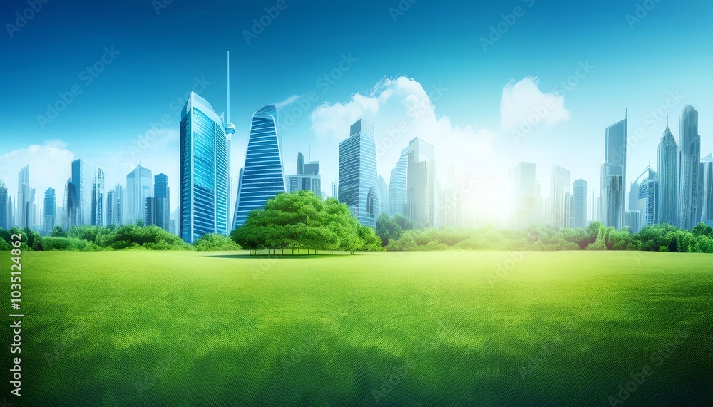 Fototapeta premium A vibrant city skyline contrasts with lush green fields under a bright blue sky, symbolizing harmony between nature and urban development.