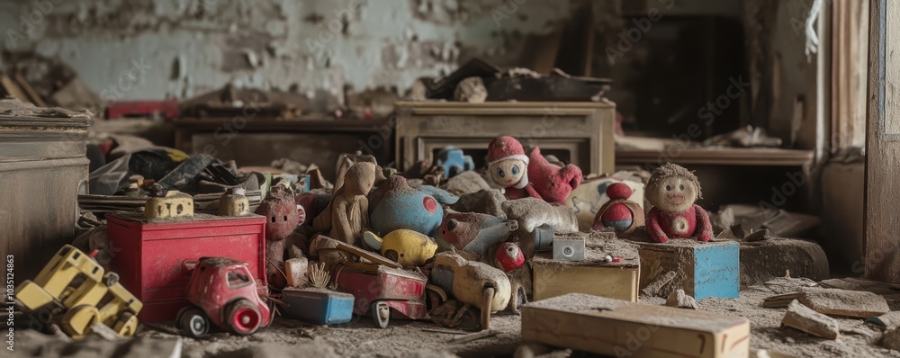 A room filled with forgotten toys and clutter. A room filled with forgotten toys and clutter.