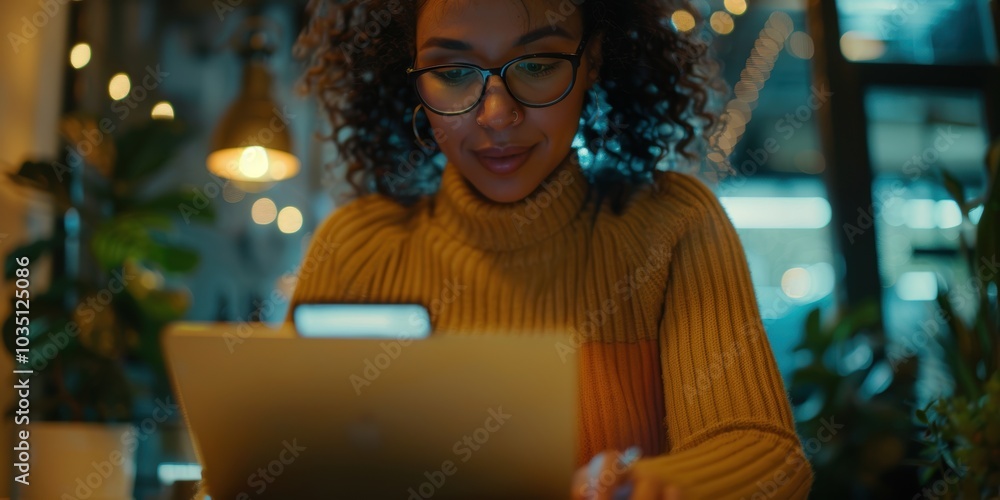 Female content creator planning blog posts at desk with laptop and phone, focused on copywriting and social media strategy Female content creator planning blog posts at desk with laptop and phone, focused on copywriting and social media strategy