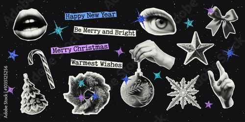 Merry Christmas and Happy New Year. Set of vectors cut out and glitter holiday elements. Trendy decor with halfton effect for a greeting card, collage, cover design.
