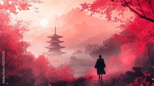 Samurai Walking Towards Pagoda in a Misty Landscape