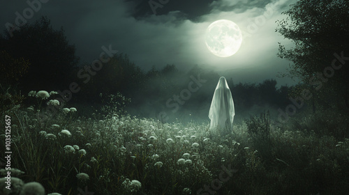 A ghostly figure wandering in a field under the glow of a full moon, surrounded by whispers of the past. photo