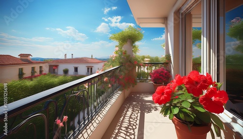 A vibrant balcony adorned with blooming flowers, offering a scenic view of lush greenery and blue skies, creates a serene outdoor oasis.