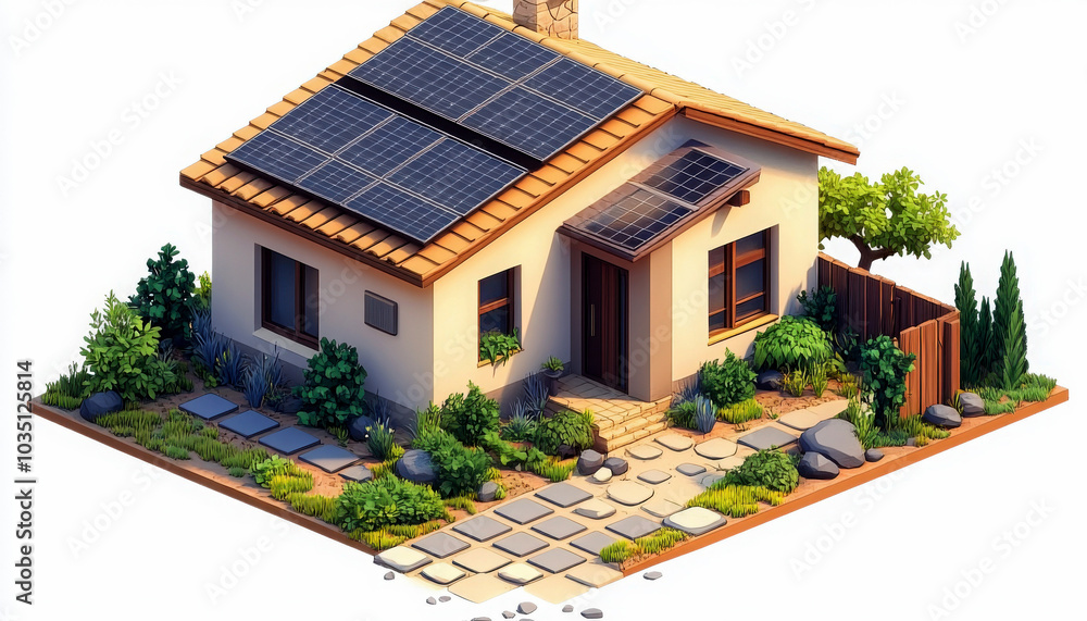 Modern house with solar panels and landscaped garden. Modern house with solar panels and landscaped garden.