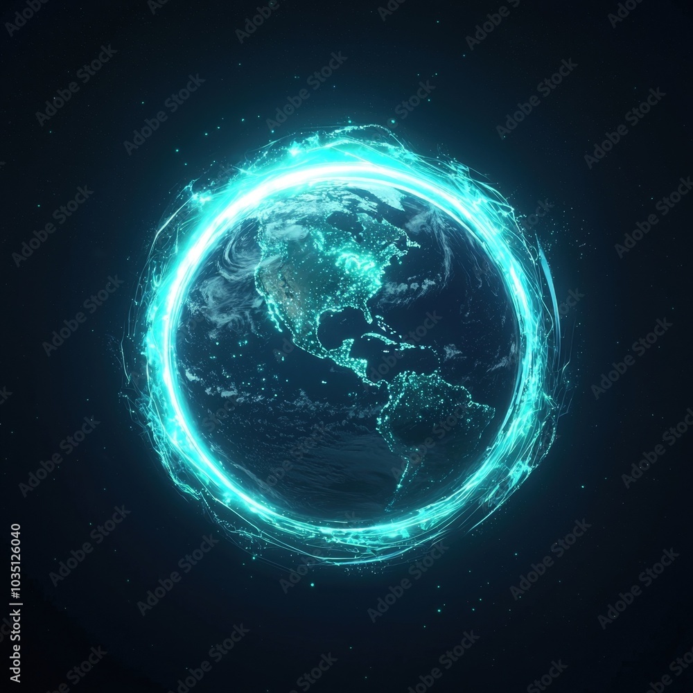 Obraz premium Glowing Luminescent Planet Earth Surrounded by Radiant Energy Rings