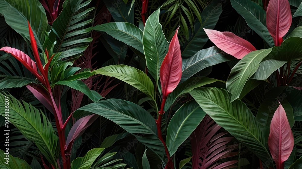 Lush green and pink tropical foliage with dark background. Lush green and pink tropical foliage with dark background.