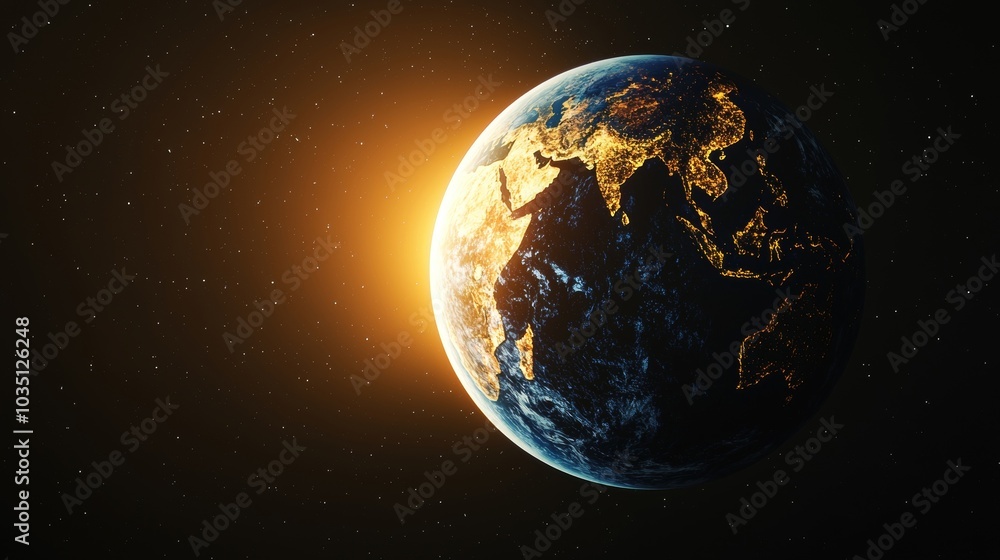 Fototapeta premium Glowing Spherical Planet Earth at Dramatic Cosmic Sunrise