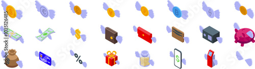Coin wing icons set. This set features isometric icons of money and finances flying away with wings