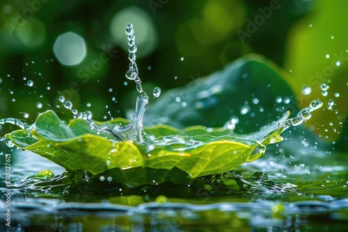 Captivating macro shot of a water droplet splashing on a leaf nature's artistry in motion