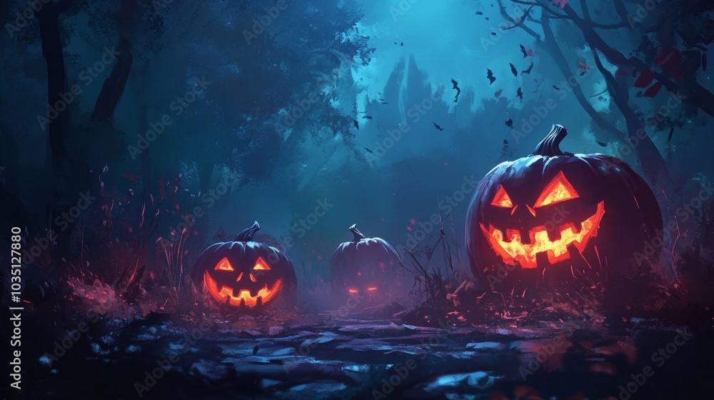 Naklejka premium Jack-o'-Lanterns Glowing in a Spooky Forest