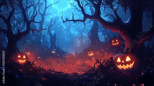 Spooky Halloween Forest With Glowing Pumpkins