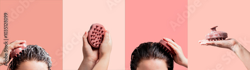 Tableau sur toile Banner of 4 images with scalp massager and woman doing scalp massage on pink background