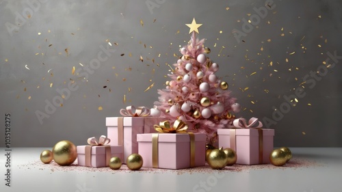 Christmas background with a pink tree, pink-gold decor, pink gifts and confetti on a grey background. Ideal for adding festive text or greetings. photo