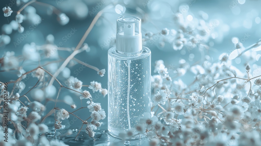 Fresh Water Spray Bottle with Flowers Background Fresh Water Spray Bottle with Flowers Background