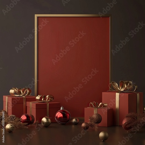 Elegant Christmas gift and decor setup for a festive celebration. Text frame and card. AI generated image