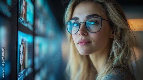 Woman with Glasses Looking at Digital Screen Displaying Faces