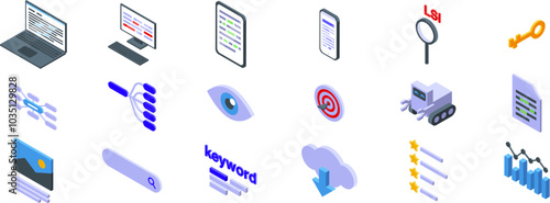 Lsi keywords icons set. Search engine optimization specialist is analyzing website traffic with laptop and modern software for keyword research