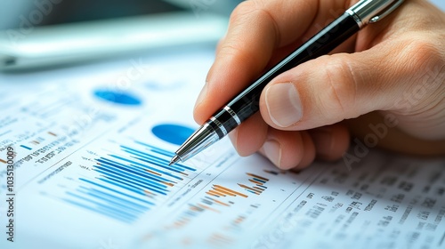 Hand Analyzing Business Charts with Pen