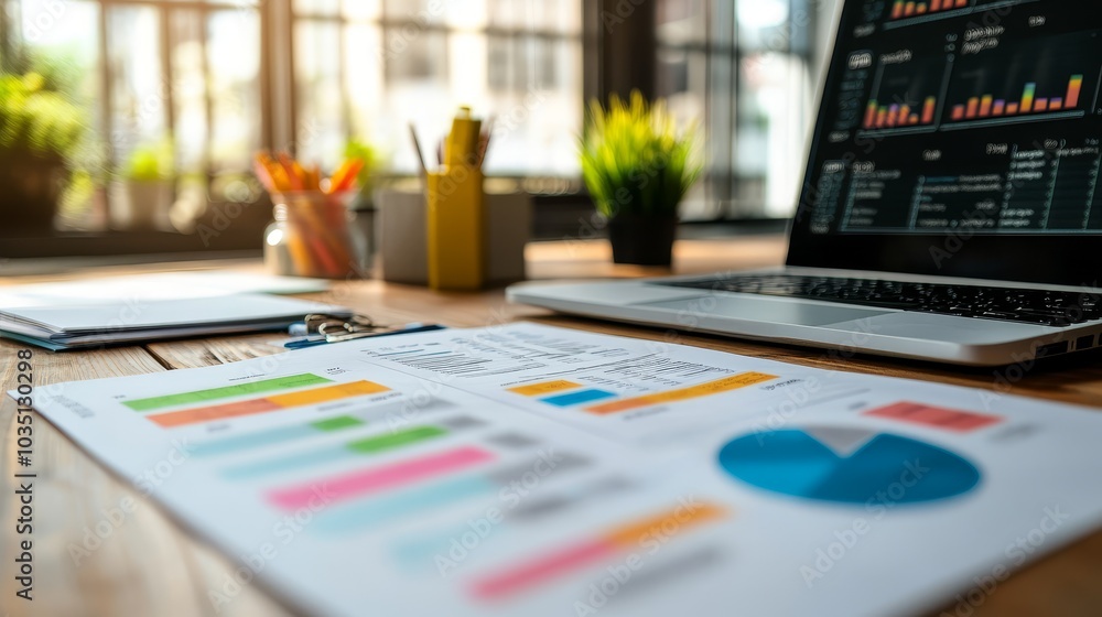 Business Charts and Graphs on Desk with Laptop Business Charts and Graphs on Desk with Laptop