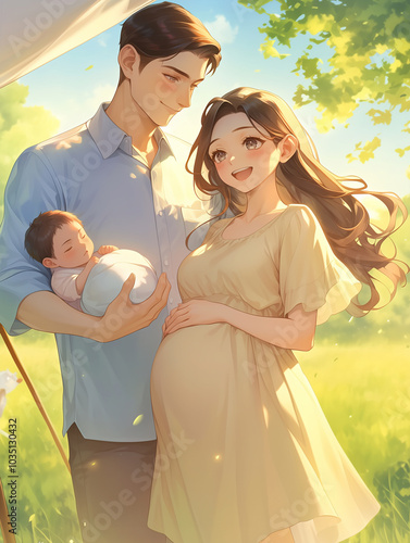 A young couple holding a baby