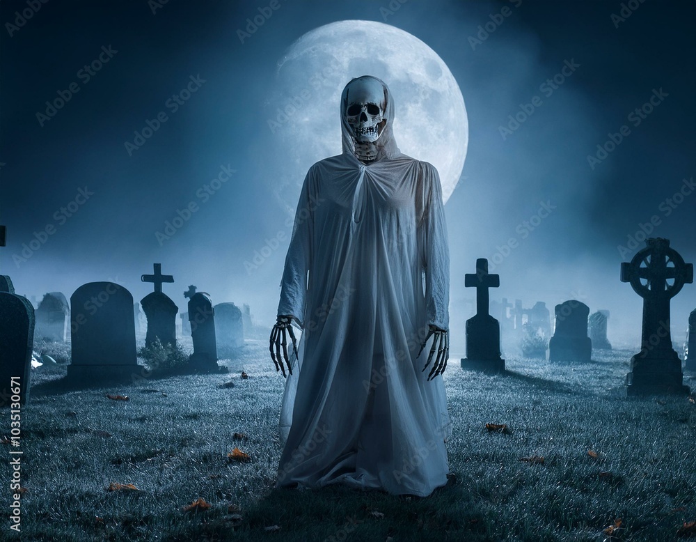 Nighttime Halloween scene with skeletons at a cemetery and the silhouette of a dead tree in the blue moonlight Nighttime Halloween scene with skeletons at a cemetery and the silhouette of a dead tree in the blue moonlight