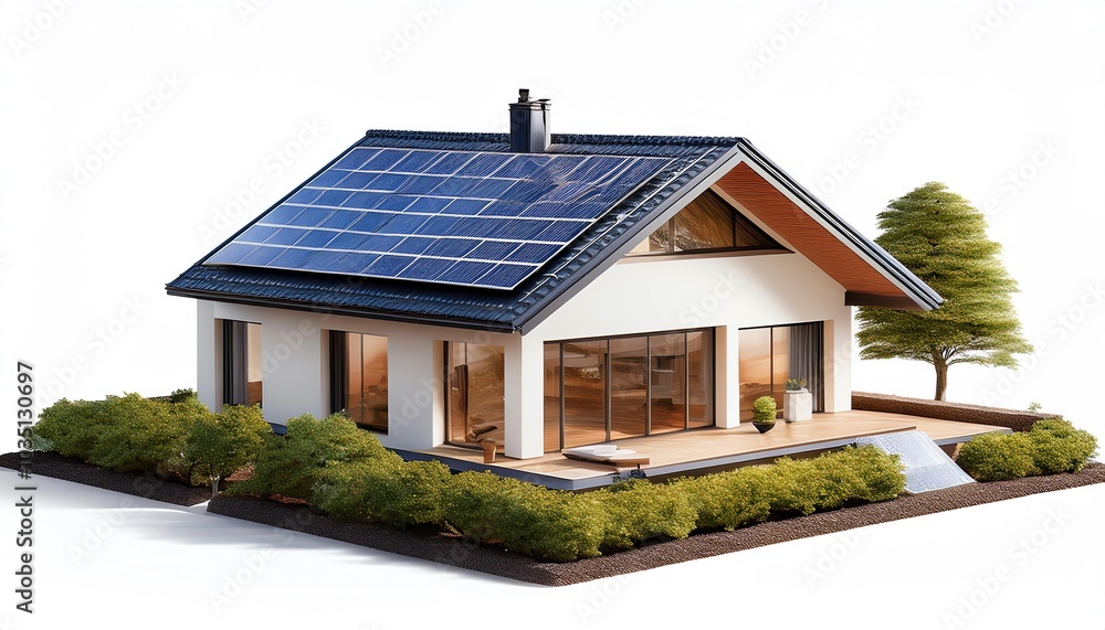 A modern home with solar panels, surrounded by greenery, emphasizing sustainable living and energy efficiency in architecture. A modern home with solar panels, surrounded by greenery, emphasizing sustainable living and energy efficiency in architecture.