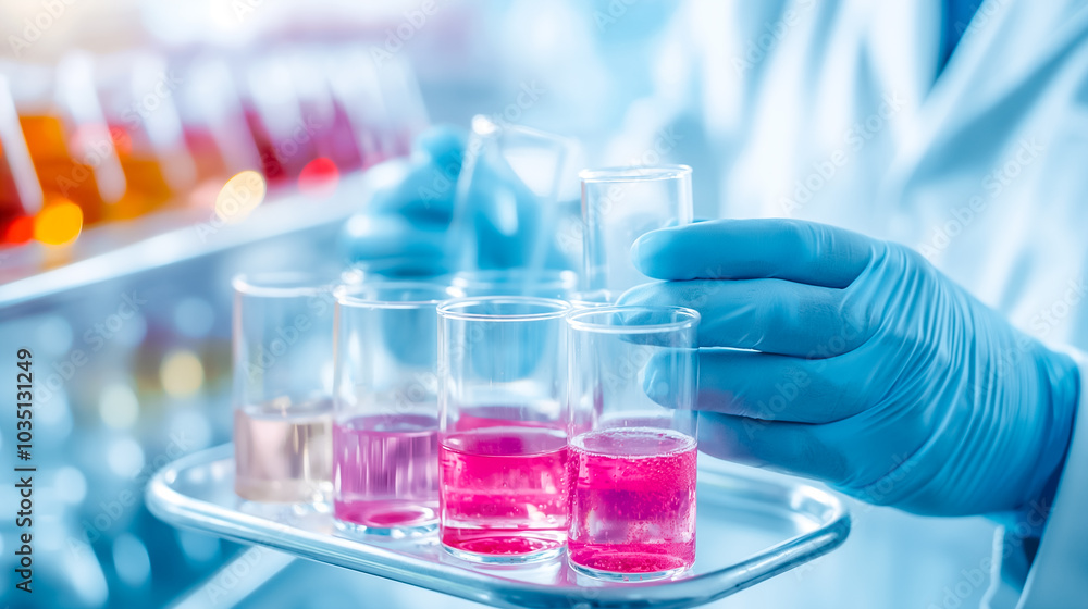 A laboratory technician in gloves carefully handles glass beakers filled with vibrant pink liquids on a tray while conducting experiments. The environment is bright and focused on research A laboratory technician in gloves carefully handles glass beakers filled with vibrant pink liquids on a tray while conducting experiments. The environment is bright and focused on research