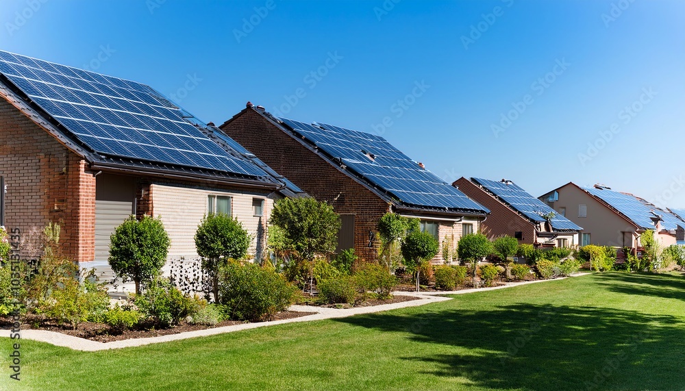A row of modern homes featuring solar panels and lush greenery, under a clear blue sky, showcasing sustainable living. A row of modern homes featuring solar panels and lush greenery, under a clear blue sky, showcasing sustainable living.