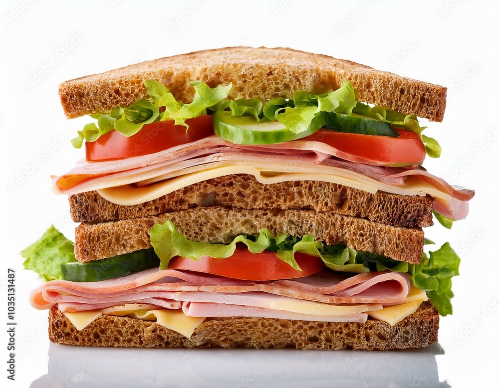 A towering deli sandwich with layers of ham, turkey, cheese, lettuce, and tomato on whole grain bread isolated A towering deli sandwich with layers of ham, turkey, cheese, lettuce, and tomato on whole grain bread isolated