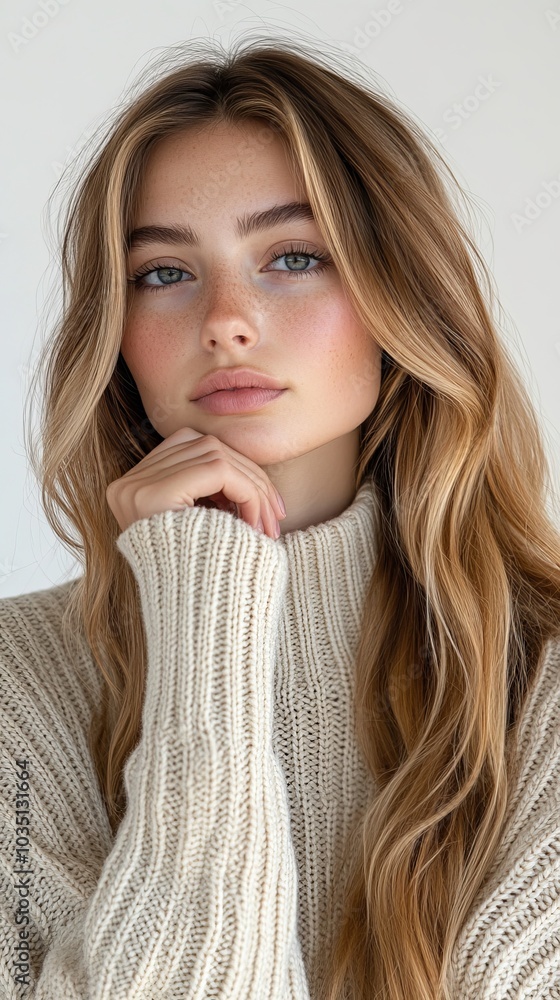 Beautiful Woman with Long Blonde Hair Wearing a Cream Knit Sweater Beautiful Woman with Long Blonde Hair Wearing a Cream Knit Sweater