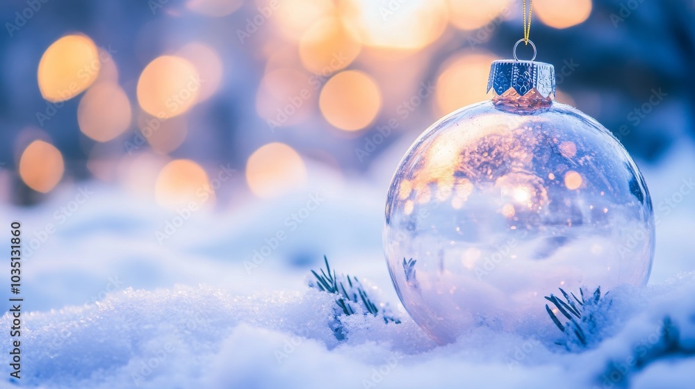Christmas Ornament Snow Scene, Bokeh Lights, Winter Holiday Photography, Festive Decoration, Frosty Morning, Seasonal Image Christmas Ornament Snow Scene, Bokeh Lights, Winter Holiday Photography, Festive Decoration, Frosty Morning, Seasonal Image