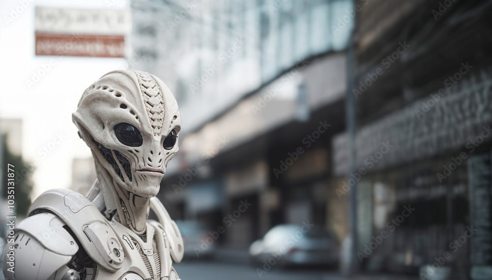an extraterrestrial alien creature, technological robot body parts, robot alien technological, science fiction alien, landed in a side street in a big city, visit or fictional an extraterrestrial alien creature, technological robot body parts, robot alien technological, science fiction alien, landed in a side street in a big city, visit or fictional