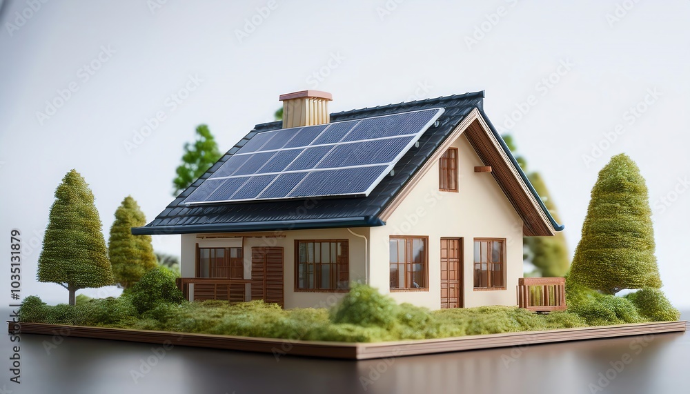A model house featuring solar panels, surrounded by greenery, showcasing sustainable living and energy efficiency. A model house featuring solar panels, surrounded by greenery, showcasing sustainable living and energy efficiency.
