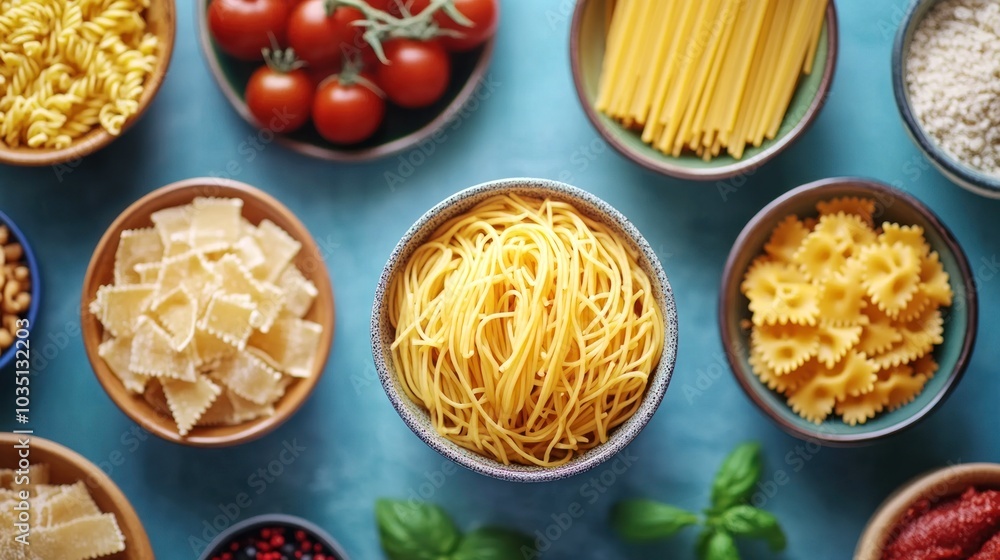 A beautiful composition featuring an assortment of fresh pasta, ripe tomatoes, and grains, all artfully arranged A beautiful composition featuring an assortment of fresh pasta, ripe tomatoes, and grains, all artfully arranged