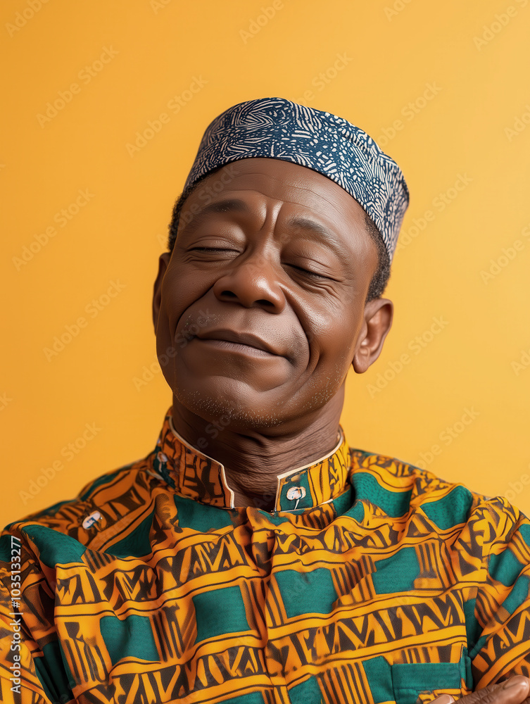 Obraz premium Confident African man in traditional attire against a vibrant background