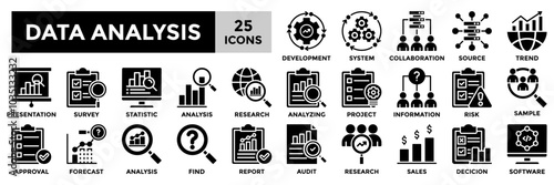 Data analysis icon collection set. Containing analysis,information, trend, forecast, decision,risk,research,report icon. Simple black fill vector illustration.