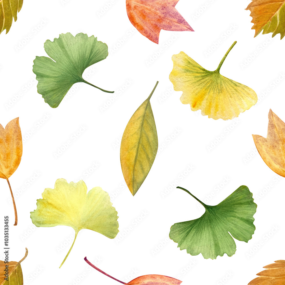 Fototapeta premium Ginkgo, autumn leaves seamless pattern isolated on white background. High quality hand-painted detailed textured watercolor perfect for textile, wrapping paper, stationary, decor. Yellow, orange