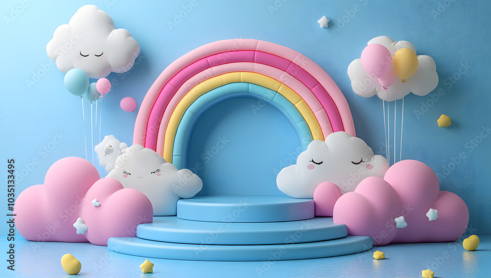 Pastel rainbow with clouds and balloons
Pastel rainbow with clouds and balloons